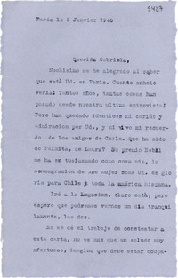 [Carta] 1945 janv. 5, Paris, [Francia] [a] Gabriela [Mistral]