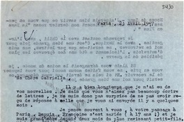 [Carta] 1947 avril 23, Paris, [France] [a] Gabriella [i.e. Gabriela] [Mistral]