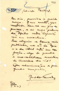 [Carta] 1943 abr. 2, Rio de Janeiro [a] Gabriela Mistral