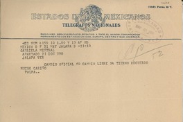 [Telegrama] 1950 mayo 21, México D. F. [a] Gabriela Mistral, Jalapa, Veracruz