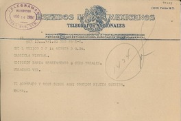 [Telegrama] 1950 ago. 14, México D. F. [a] Gabriela Mistral, Jalapa, Veracruz
