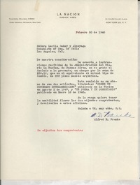 [Carta] 1948 feb. 20, New York, [EE.UU.] [a] Lucila Godoy y [sic] Alcayaga, Consulate of Rep. of Chile, Los Angeles, Cal., [EE.UU.]