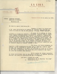 [Carta] 1949 jun. 14, Buenos Aires, [Argentina] [a] Gabriela Mistral, Embajada de México, México