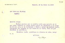 [Carta] 1933 jul. 25, Madrid, [España] [a] Gabriela Mistral, Madrid
