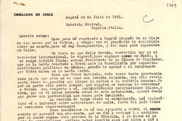 [Carta] 1951 jul. 26, Bogotá, [Colombia] [a] Gabriela Mistral, Rapallo, Italia