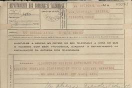 [Telegrama] [1945], Buenos Aires, [Argentina] [a] Gabriela Mistral, Petrópolis, [Brasil]