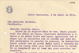 [Carta] 1943 abr. 6, Bello Horizonte, [Brasil] [a] Gabriela Mistral, Petrópolis, [Brasil]