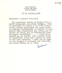 [Carta] 1951 oct. 28, Miami, Florida [a] Gabriela Mistral
