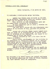 [Carta] 1945 abr. 6, Bello Horizonte [a] Gabriela [Mistral]