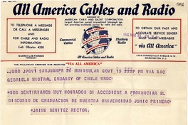 [Telegrama] 1946 mar. 15, San Juan, Puerto Rico [a] Gabriela Mistral, Washington