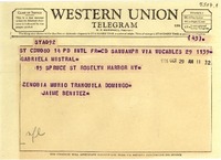 [Telegrama] 1956 oct. 29, San Juan, [Puerto Rico] [a] Gabriela Mistral, 15 Spruce St, Roselyn Harbor, NY, [EE.UU.]