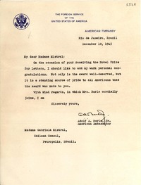 [Carta] 1945 dec. 10, Rio de Janeiro, Brazil [a] Gabriela Mistral, Petropolis, Brazil