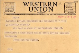 [Telegrama] 1948 mayo 7, San Juan, Puerto Rico [a] Gabriela Mistral, Santa Bárbara, California