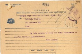 [Telegrama] 1954 sept. 9, Santiago, [Chile] [a] Gabriela Mistral, Santiago, [Chile]