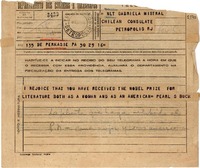 [Telegrama] 1945 nov. 17, Perkasie, Pennsylvania, [EE.UU.] [a] Gabriela Mistral, Petrópolis, [Brasil]