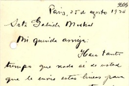 [Carta] 1934 ago. 25, París [a] Gabriela Mistral