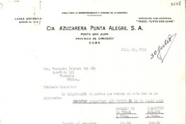 [Recibo] 1951 jul. 16, Punta San Juan, Cuba [a] Mercedes Cabrera del Río, Veracruz, México