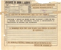 [Telegrama] [1943?], Montevideo, [Uruguay] [a] Gabriela Mistral, Consulado Chileno, Petrópolis, RJ, [Brasil]