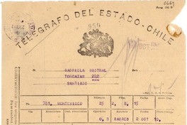 [Telegrama] [1949?] oct. 2, Montevideo, [Uruguay] [a] Gabriela Mistral, Santiago, [Chile]
