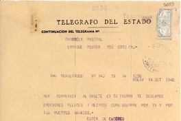 [Telegrama] 1954 sept. 14, Montevideo [a] Gabriela Mistral, Santiago de Chile
