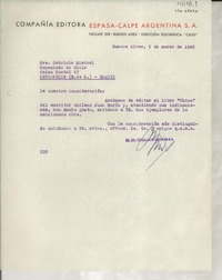 [Carta] 1945 mar. 9, Buenos Aires, [Argentina] [a] Gabriela Mistral, Consulado de Chile, Petrópolis, Brasil