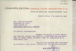 [Carta] 1945 mar. 9, Buenos Aires, [Argentina] [a] Gabriela Mistral, Consulado de Chile, Petrópolis, Brasil