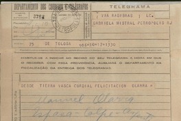 [Telegrama] 1945 nov. 8, Tolosa, [España] [a] Gabriela Mistral, Petrópolis, [Brasil]