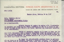 [Carta] 1947 oct. 1, Buenos Aires, [Argentina] [a] Gabriela Mistral, Los Angeles, California, [EE.UU.]
