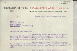 [Carta] 1948 oct. 27, Buenos Aires, [Argentina] [a] Gabriela Mistral, Sierra Madre, Los Angeles, California, [EE.UU.]
