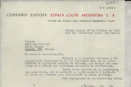[Carta] 1950 oct. 27, Buenos Aires, [Argentina] [a] Gabriela Mistral, Hotel México, Jalapa, Veracruz, México