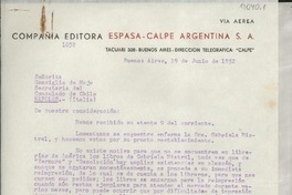 [Carta] 1952 jun. 19, Buenos Aires, [Argentina] [a la] Señorita Consiglia de Majo, Secretaria del Consulado de Chile, Nápoles, Italia