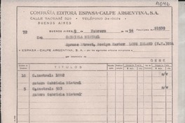 [Factura] 1954 feb. 9, Buenos Aires, [Argentina] [a] Gabriela Mistral, [New York, EE.UU.]