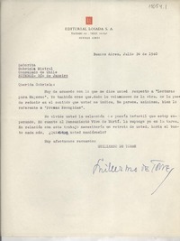 [Carta] 1940 jul. 24, Buenos Aires, [Argentina] [a] Gabriela Mistral, Consulado de Chile, Niteroi, Río de Janeiro, [Brasil]