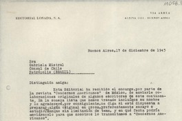 [Carta] 1943 dic. 17, Buenos Aires, [Argentina] [a] Gabriela Mistral, Cónsul de Chile, Petrópolis, Brasil