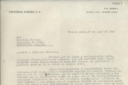 [Carta] 1944 mayo 23, Buenos Aires, [Argentina] [a] Gabriela Mistral, Consulado de Chile, Petrópolis, Brasil