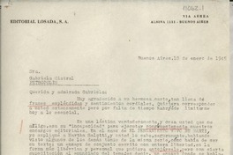 [Carta] 1945 ene. 10, Buenos Aires, [Argentina] [a] Gabriela Mistral, Petrópolis, [Brasil]