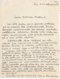 [Carta] 1943 set. 21, Rio [de Janeiro, Brasil] [a] Gabriela Mistral