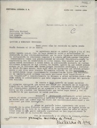 [Carta] 1946 abr. 24, Buenos Aires, [Argentina] [a] Gabriela Mistral, Consulado de Chile, Los Angeles, California, [EE.UU.]