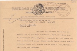[Telegrama] 1948 dic. 24, Uruapán, Mich., [México] [a] Gabriela Mistral, Fortín Veracruz