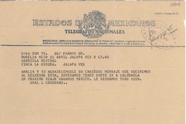 [Telegrama] 1950 mar. 21, Morelia, Mich., [México] [a] Gabriela Mistral, Jalapa, Ver.