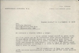 [Carta] 1948 sept. 7, Buenos Aires, [Argentina] [a] Gabriela Mistral, Sta. Bárbara, Cal[ifornia], [EE.UU.]