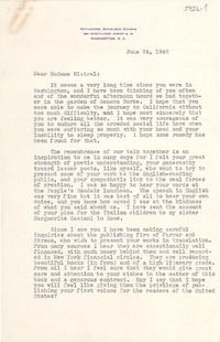 [Carta] 1946 June 24, Washington, D.C., [EE.UU.] [a] Gabriela Mistral, Chilean Consulate, Auditorium Building, Los Angeles, California, [EE.UU.]