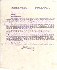 [Carta] 1934 ago. 30, Santiago de Chile [a] Gabriela Mistral, Madrid