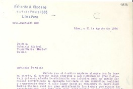 [Carta] 1954 ago. 31, Lima [a] Gabriela Mistral, Vapor "Santa María", Callao