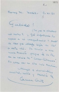 [Carta] 1951 nov. 6, Madrid [a] Gabriela Mistral