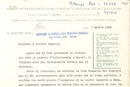 [Carta] 1952 apr. 1, Roma, [Italia] [a] Gabriela Mistral, Napoli