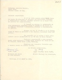 [Carta] 1954 abr. 19, Santiago, [Chile] [a] Gabriela Mistral, Nueva York, Estados Unidos