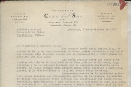 [Carta] 1947 nov. 4, Santiago, [Chile] [a] Gabriela Mistral, Consulado de Chile, California, [EE.UU.]