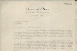 [Carta] 1950 oct. 15, Santiago, [Chile] [a] Gabriela Mistral, Veracruz, [México]