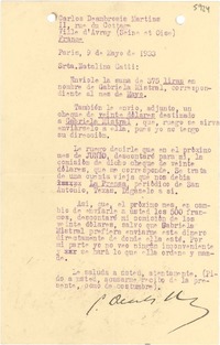 [Carta] 1933 mayo 9, Paris, Francia [a] Natalina [i.e. Natalia] Gatti
